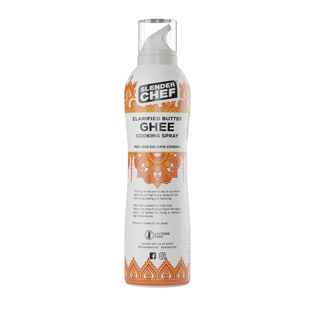 Slender Chef Cooking Spray 200 ml i sprayflaska med smak av Clarified Butter Ghee och orangea mönsterdetaljer.