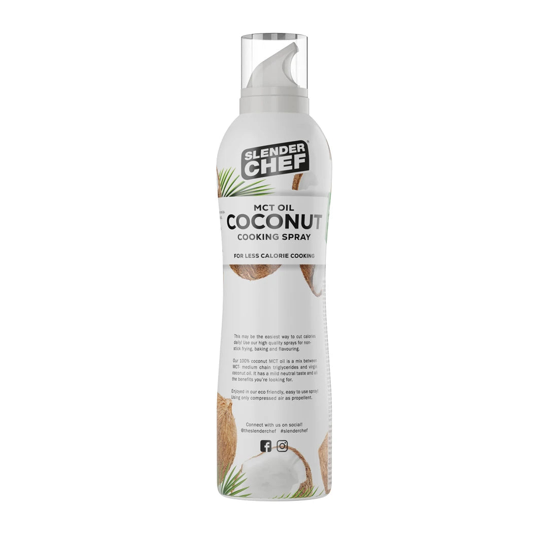 Slender Chef Cooking Spray 200 ml, en vit sprayflaska med matlagningsspray i smaken MCT Oil Coconut.