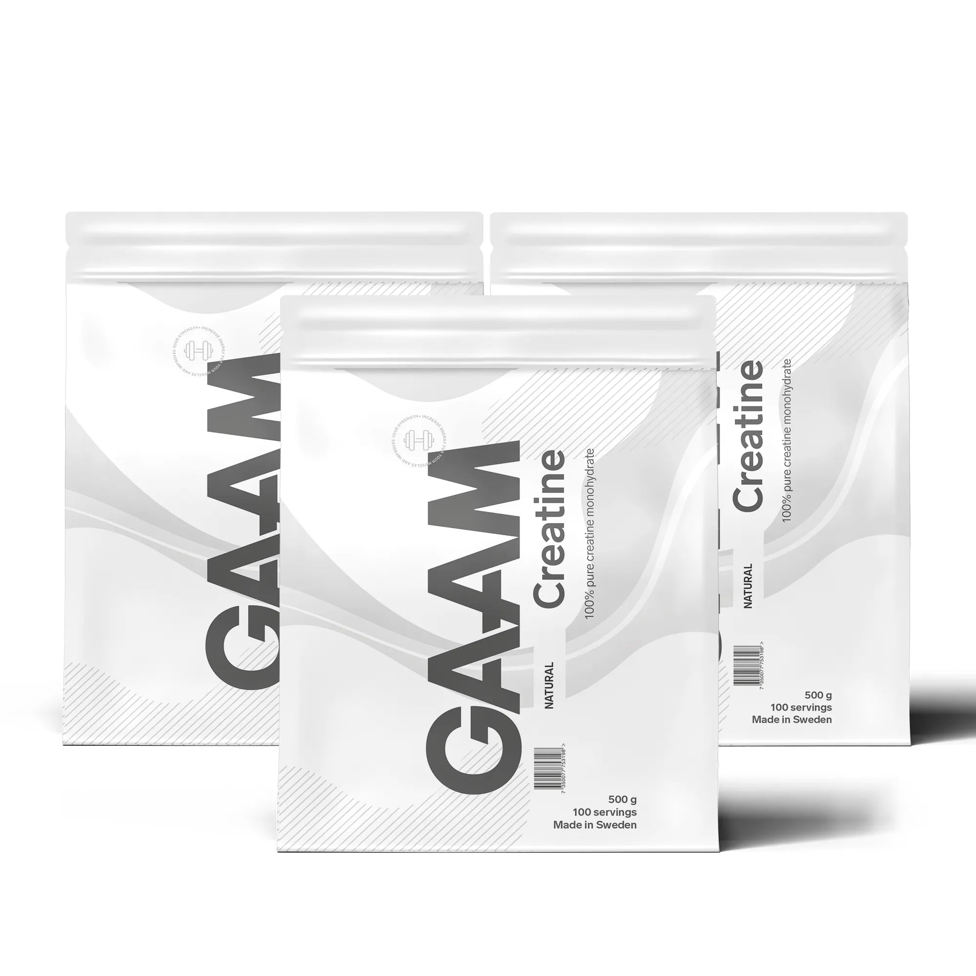 3 x GAAM Creatine Monohydrate 500 g i tre vita återförslutningsbara påsar med grå detaljer.