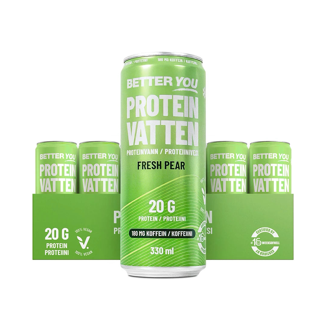 24 x Better You Proteinvatten 330 ml Fresh Pear i ett grönt flak med matchande burkar och vit text för päronsmak.