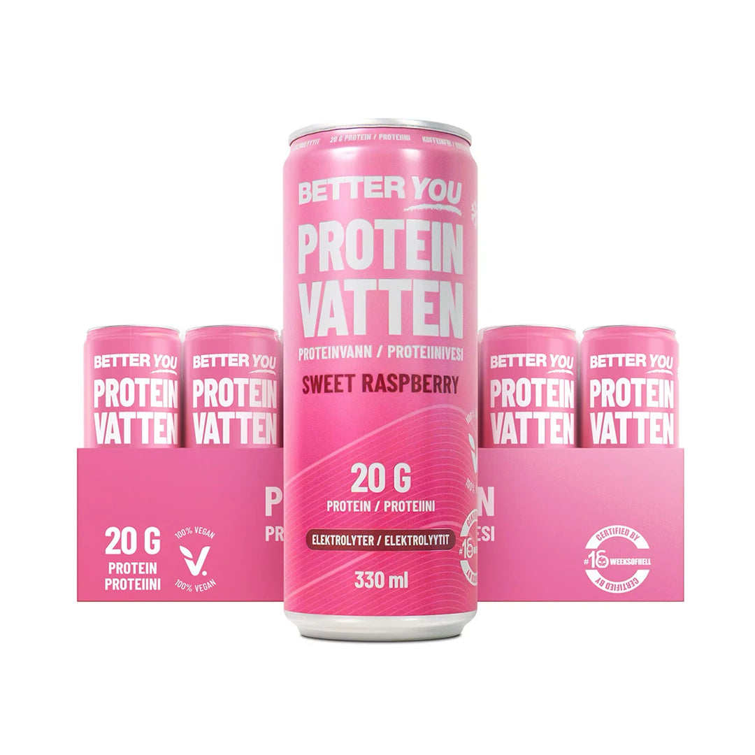 24 x Better You Proteinvatten 330 ml Sweet Raspberry i ett rosa flak med matchande rosa burkar för smak av hallon.
