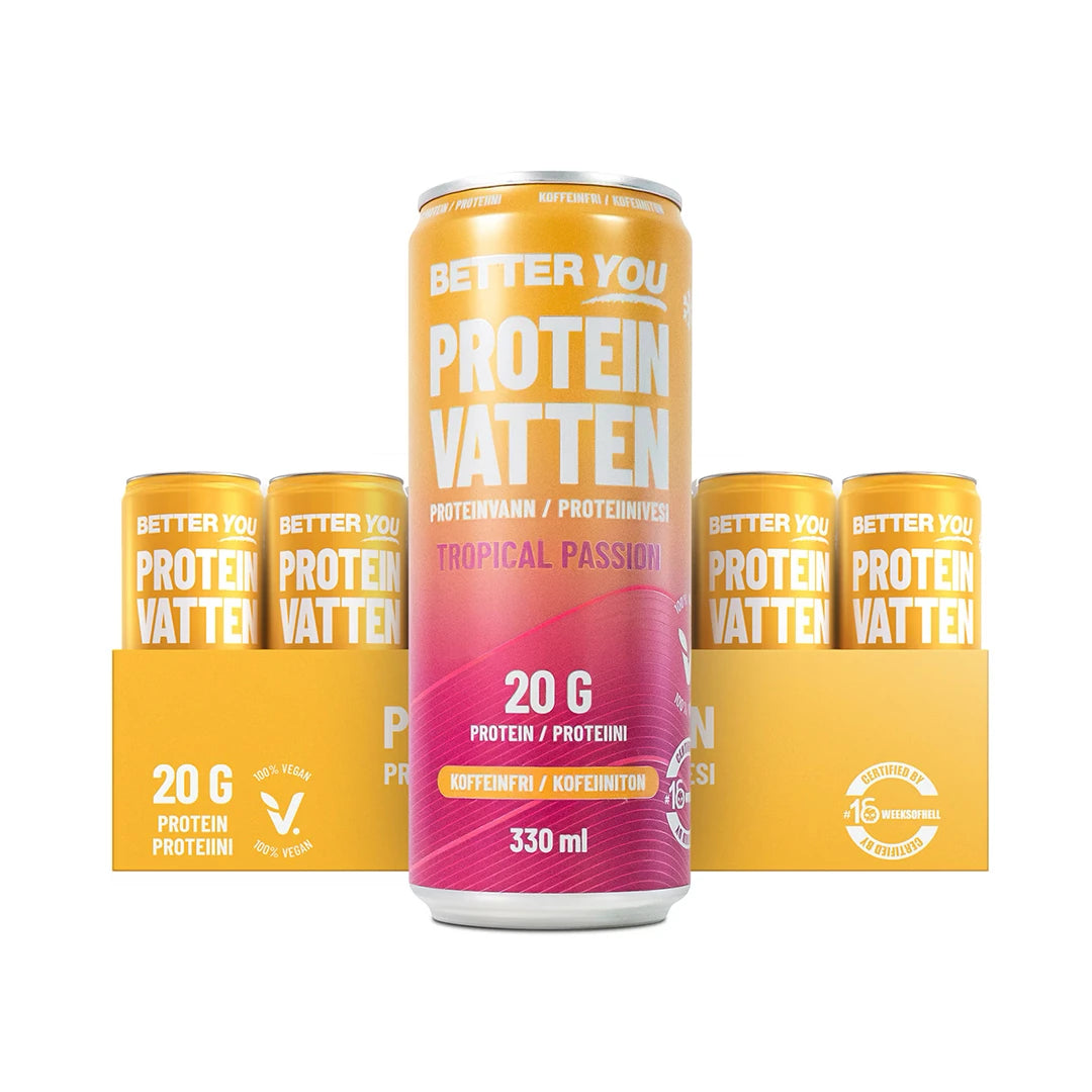24 x Better You Proteinvatten 330 ml Tropical Passion i ett gult flak med matchande gula och rosa burkar.