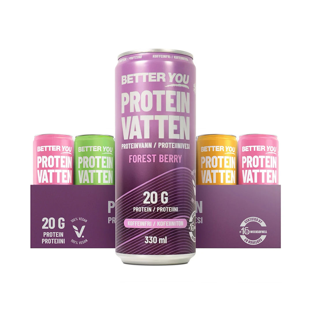 24 x Better You Proteinvatten 330 ml Mixflak med flera färgglada burkar i en lila kartong med Forest Berry i förgrunden.