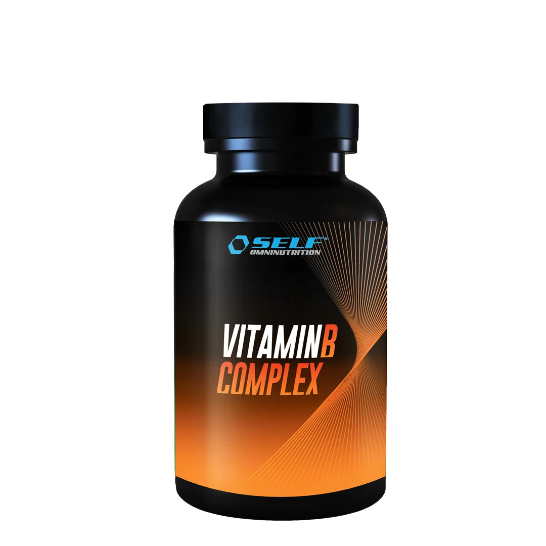 Self Omninutrition Vitamin B-Complex 60 caps kosttillskott i en svart burk med orangea och vita detaljer.