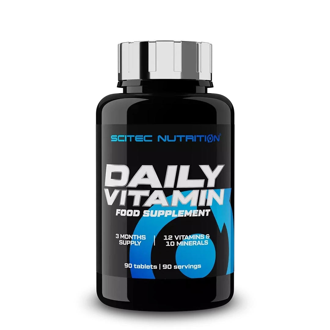 Scitec Nutrition Daily Vita-min 90 caps multivitamin, svart burk med blå och vita detaljer samt silvrigt lock.