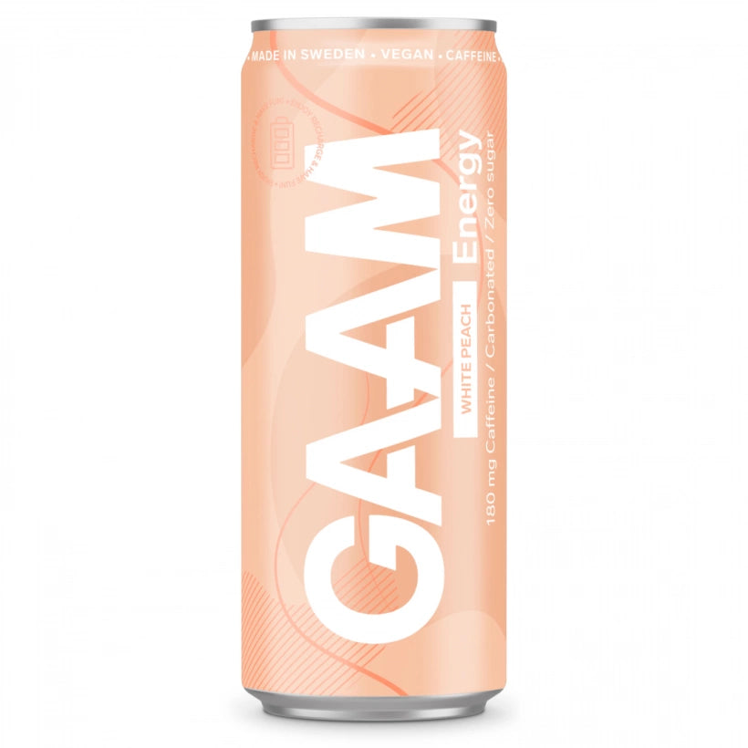 GAAM Energy 330 ml vegansk energidryck i en ljusorange burk med smaken White Peach.