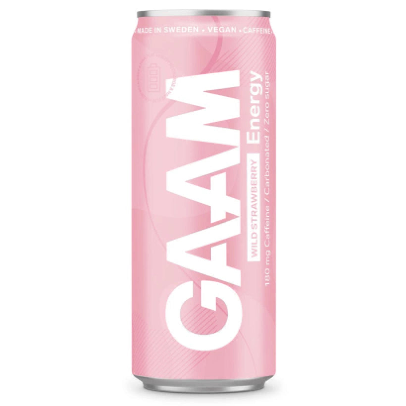 GAAM Energy 330 ml vegansk energidryck i en ljusrosa burk med smaken Wild Strawberry.