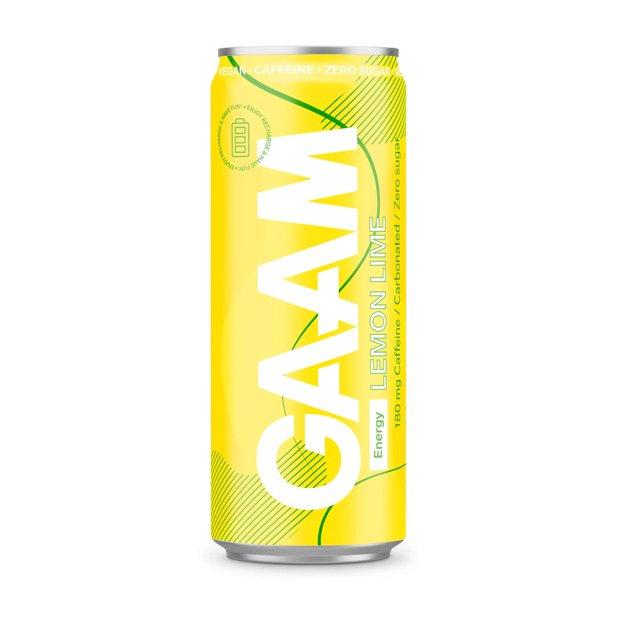 GAAM Energy 330 ml energidryck i en gul burk med gröna detaljer för smaken Lemon Lime.