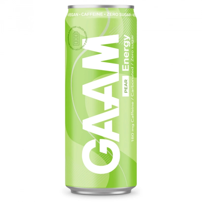 GAAM Energy 330 ml energidryck i en ljusgrön burk med smaken Pear.