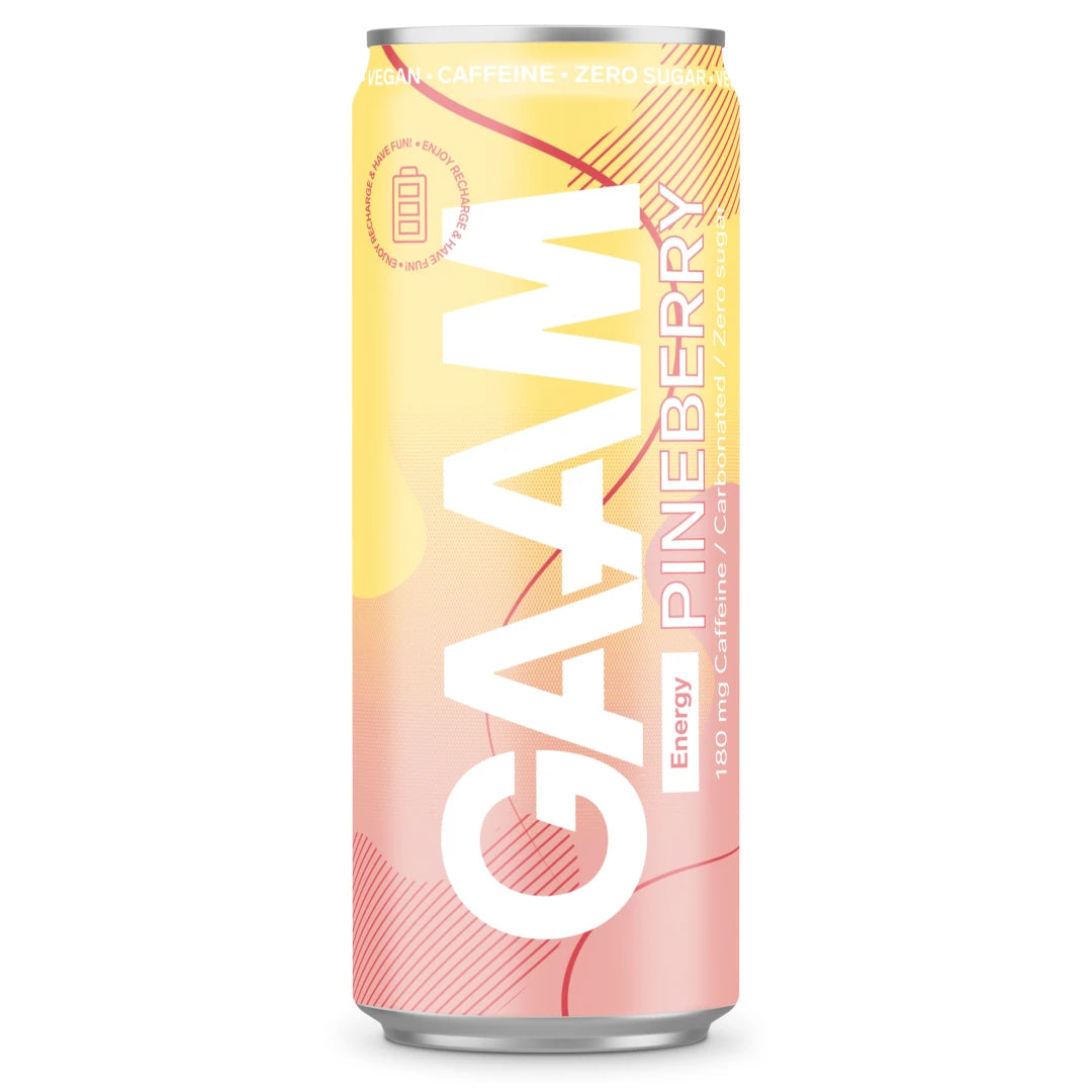 En burk GAAM Energy 330 ml energidryck i färgerna gul och rosa för smaken Pineberry.