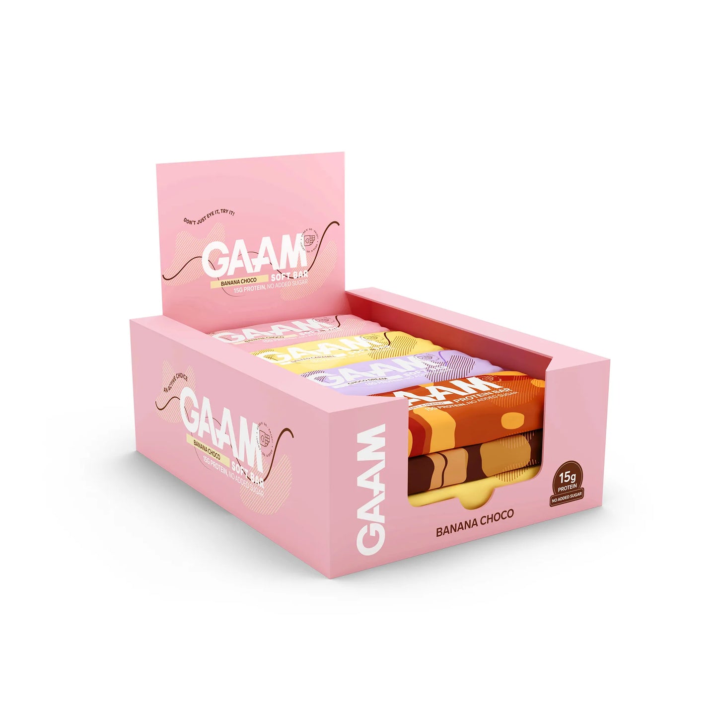 12 x GAAM Protein bar & Soft bar 45 g Mixlåda i en ljusrosa displaykartong med färgglada inslagna bars.