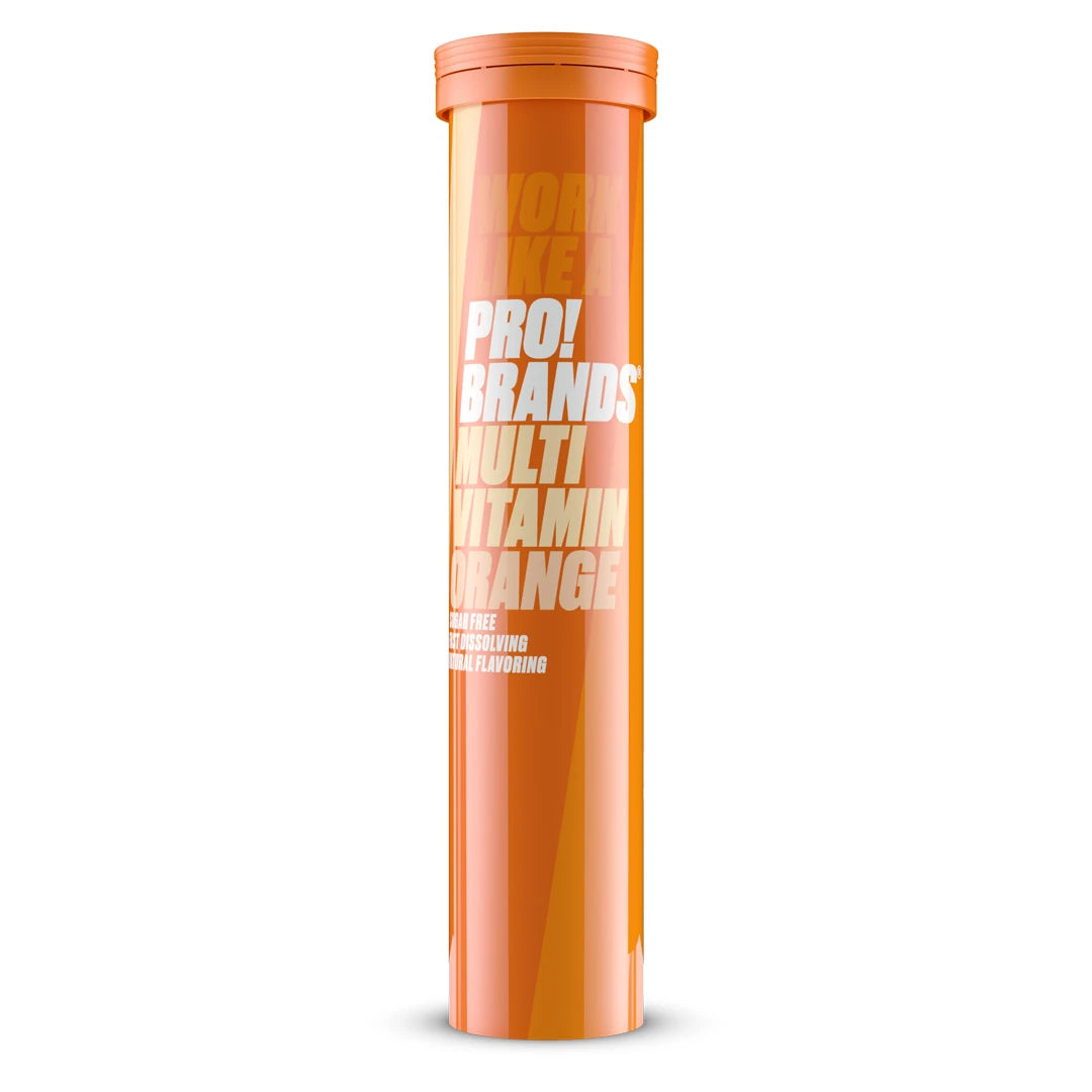 Pro Brands Multivitamin Brus Orange förpackad i ett orangefärgat rör.