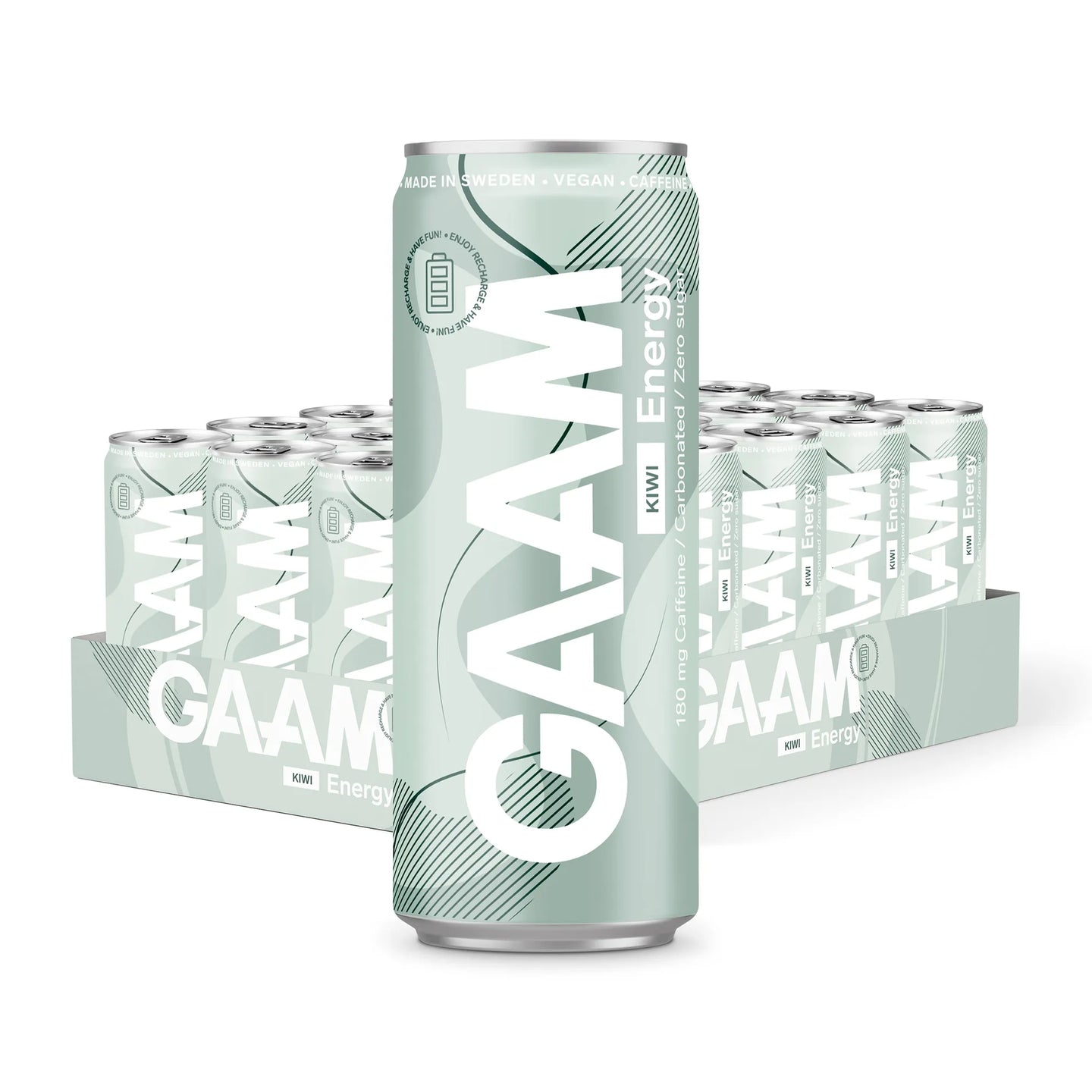 24 x GAAM Energy 330 ml Kiwi i ett ljusgrönt flak med burkar i en ljusgrön och vit design.