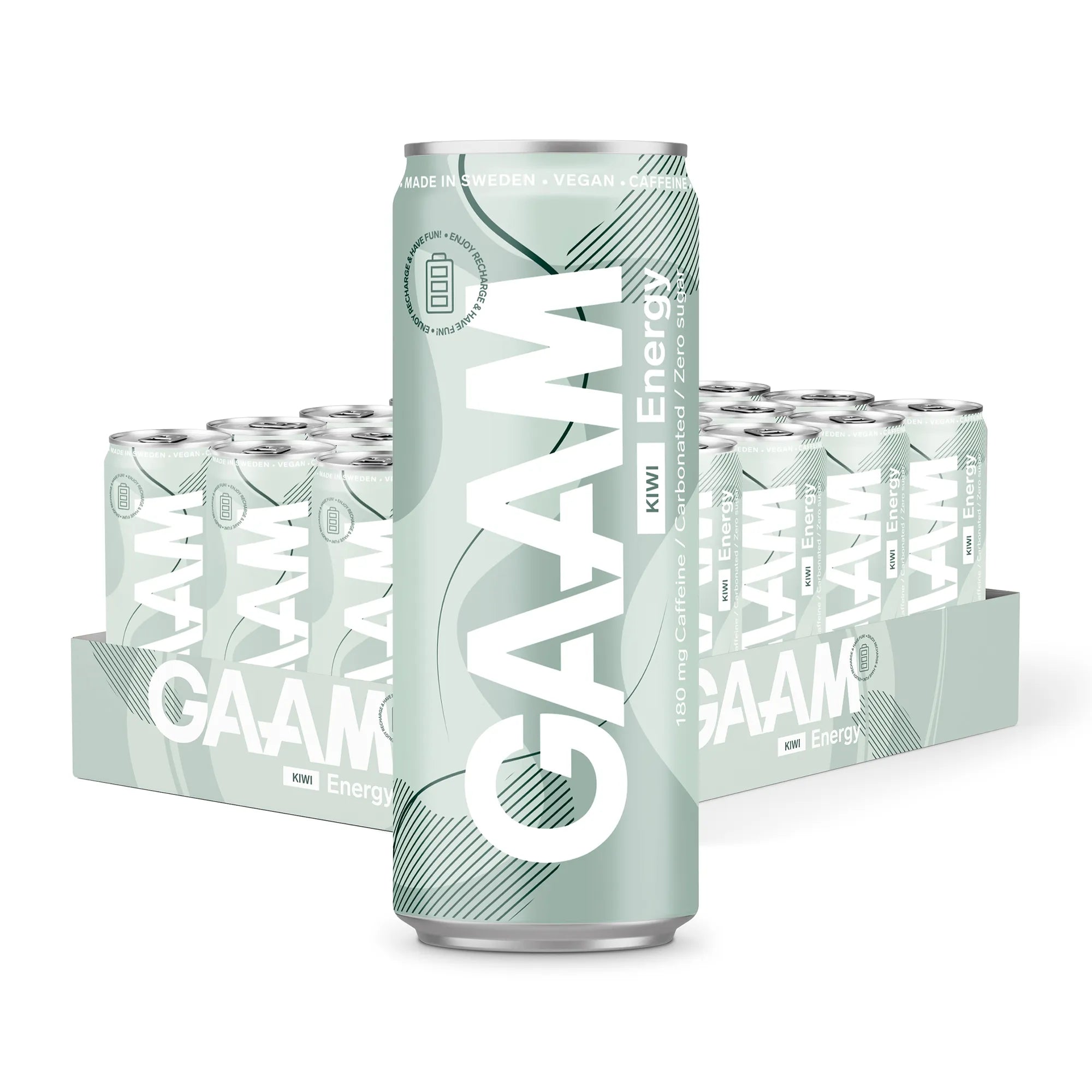 24 x GAAM Energy 330 ml Kiwi i ett ljusgrönt flak med burkar i en ljusgrön och vit design.