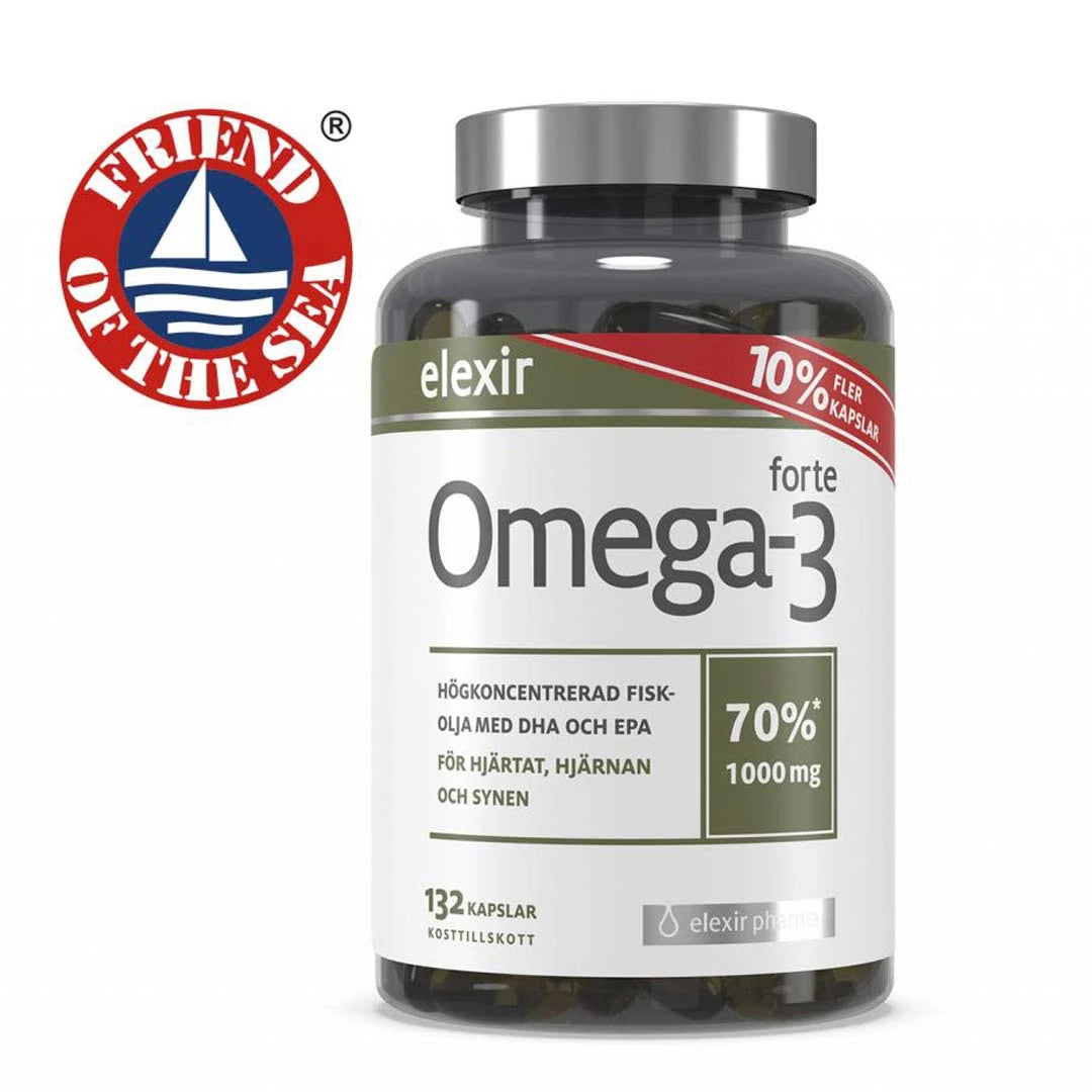 Elexir Pharma Omega-3 Forte 132 caps i mörk burk med silverlock och vit etikett, bredvid Friend of the Sea-logo.