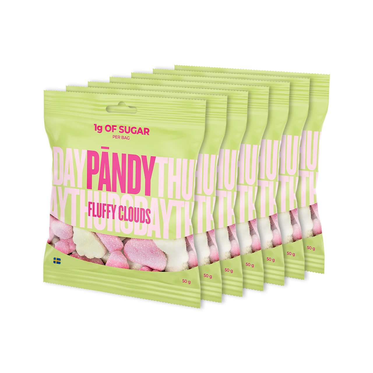 7 x Pändy Candy 50 g gelégodis i sju ljusgröna påsar för smaken Fluffy Clouds.
