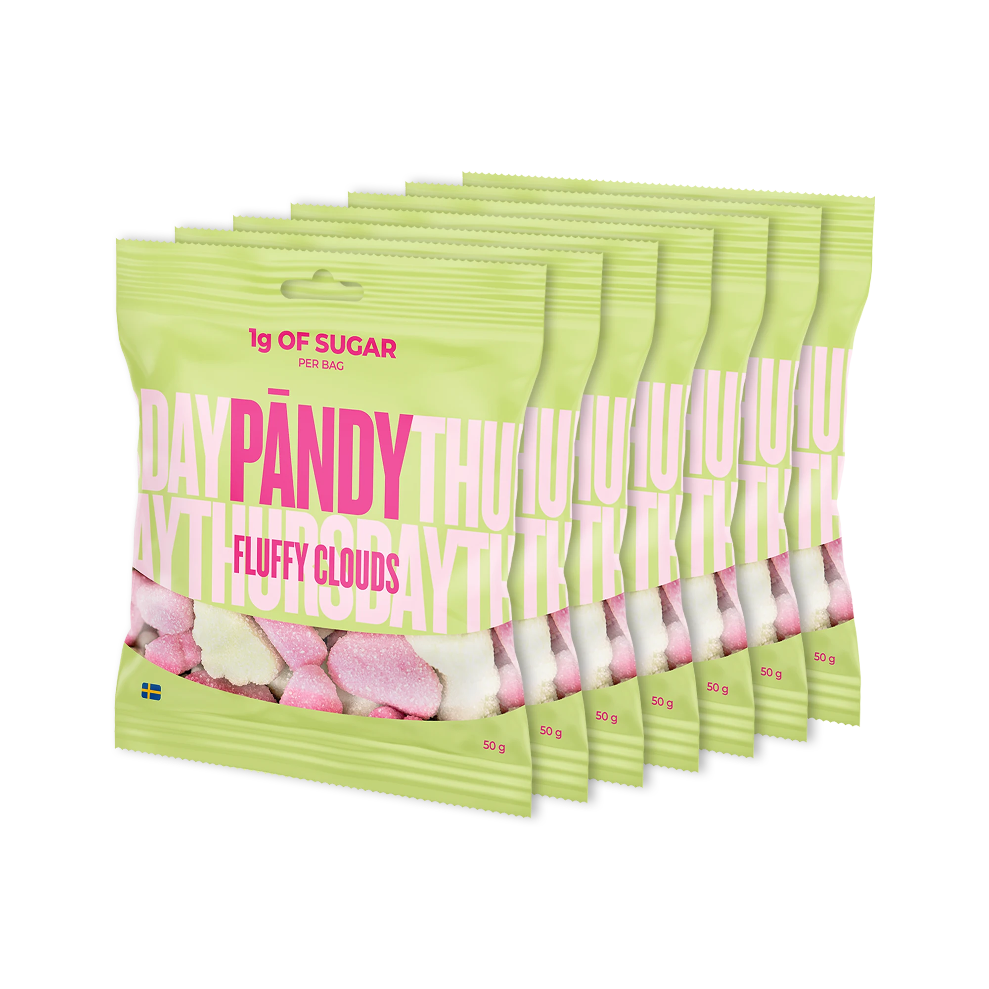 7 x Pändy Candy 50 g gelégodis i sju ljusgröna påsar för smaken Fluffy Clouds., bild 1 av 1