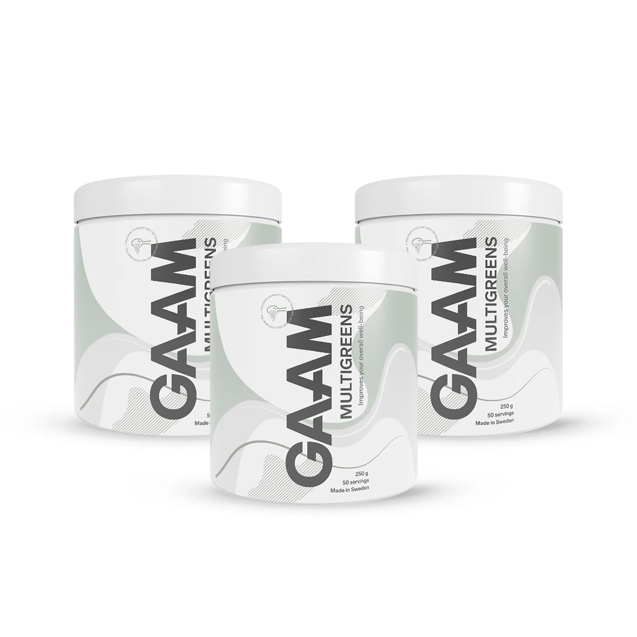 Tre stycken vita burkar av 3 x GAAM Multigreens 250 g med gröna och gråa vågiga detaljer på etiketterna.
