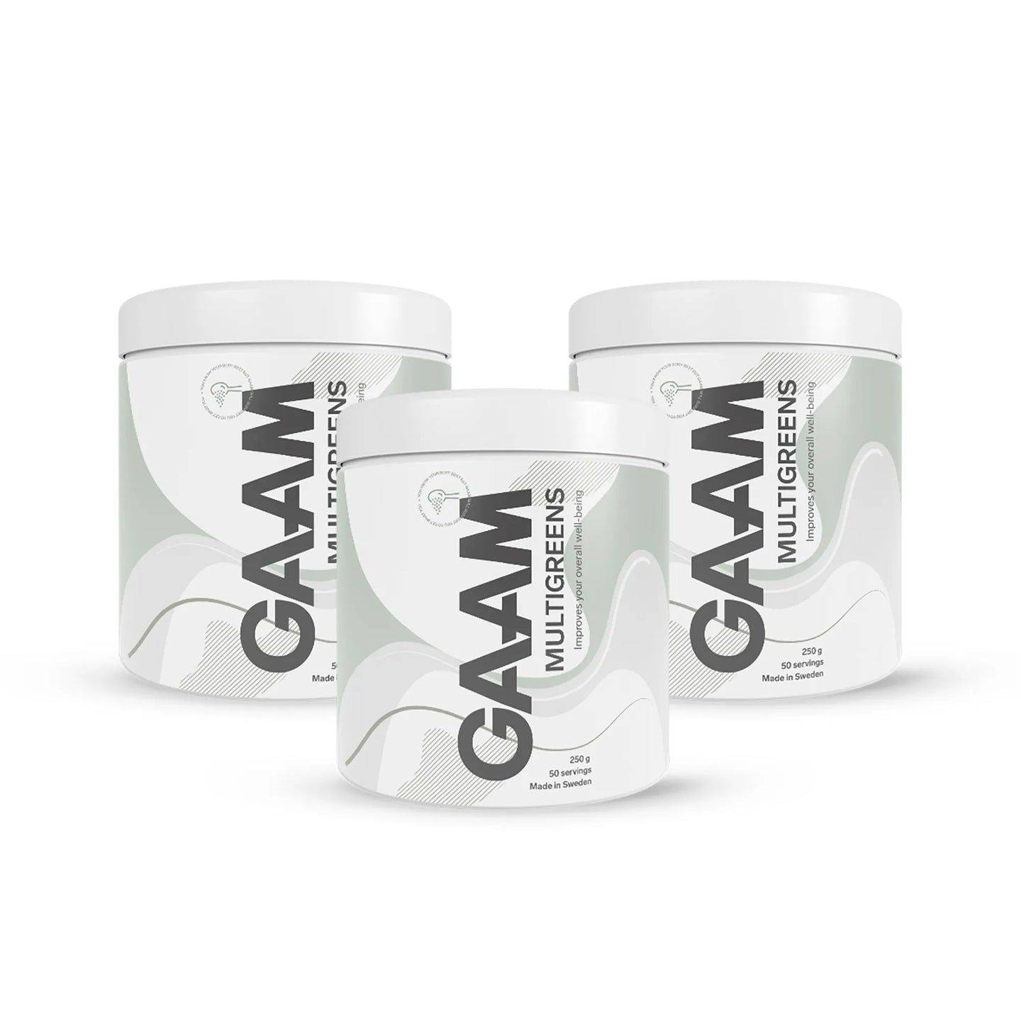 Tre stycken vita burkar av 3 x GAAM Multigreens 250 g med gröna och gråa vågiga detaljer på etiketterna.