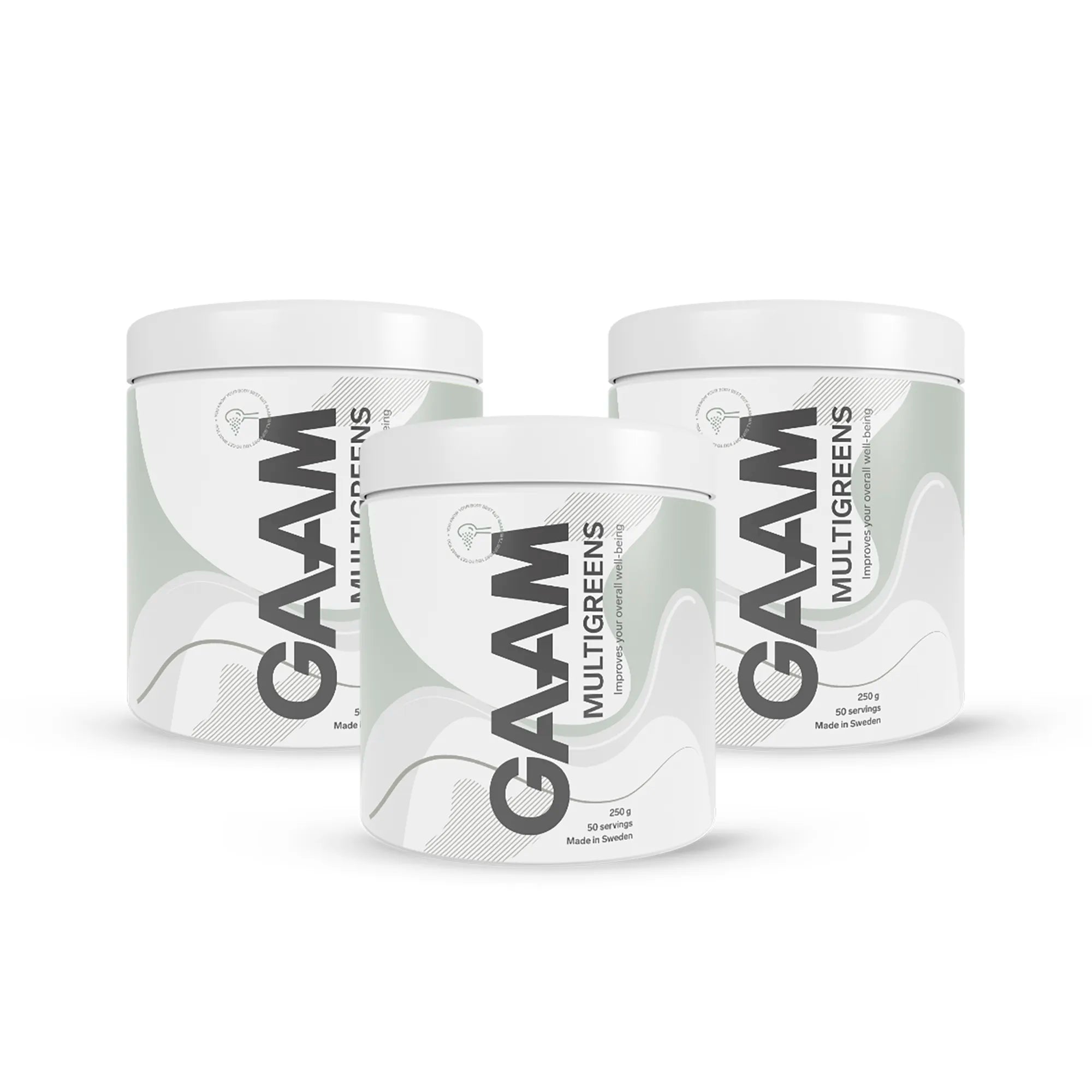 Tre stycken vita burkar av 3 x GAAM Multigreens 250 g med gröna och gråa vågiga detaljer på etiketterna.