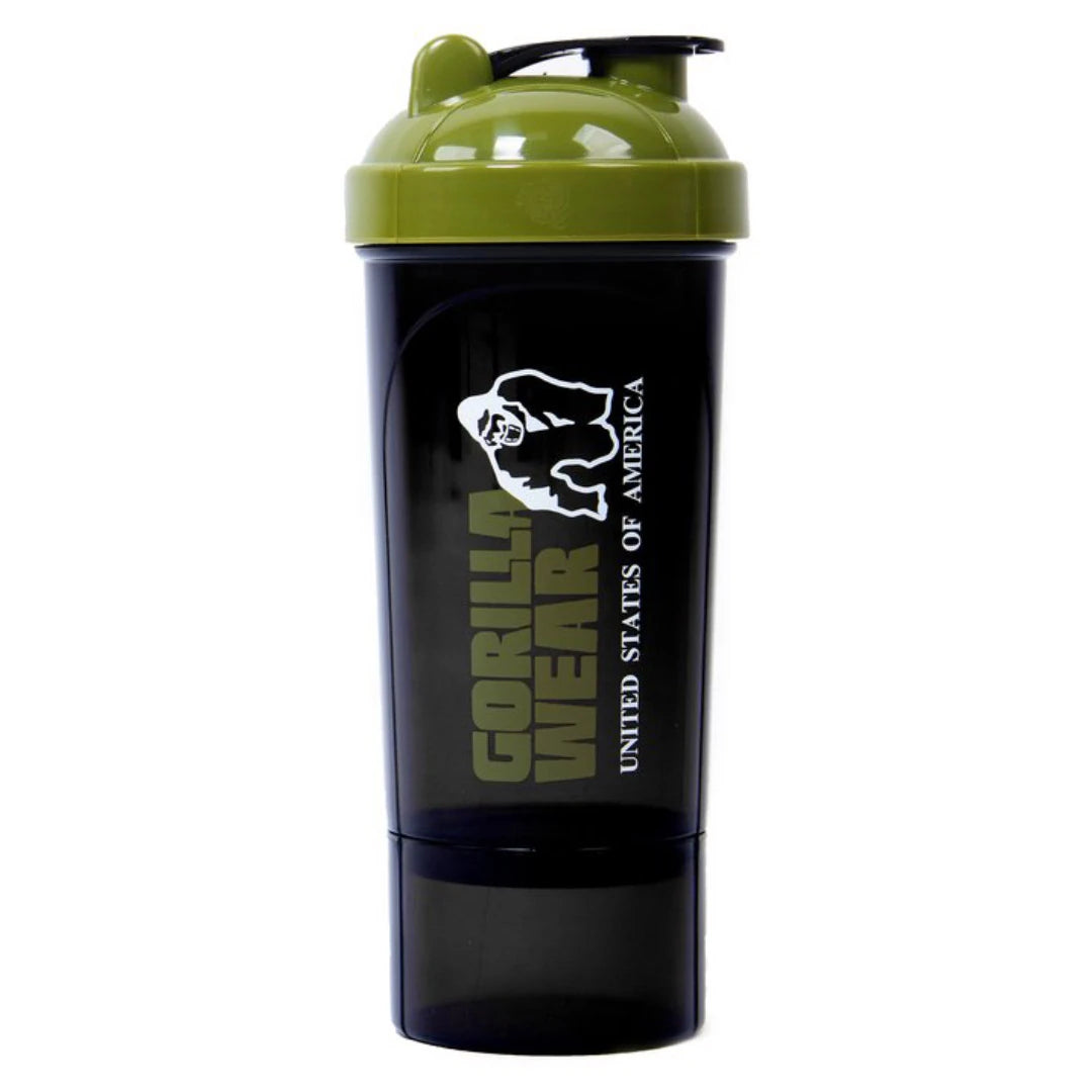 Gorilla Wear Compact Shaker Black & Army Green i svart plast med grönt lock och separat förvaringsbehållare.