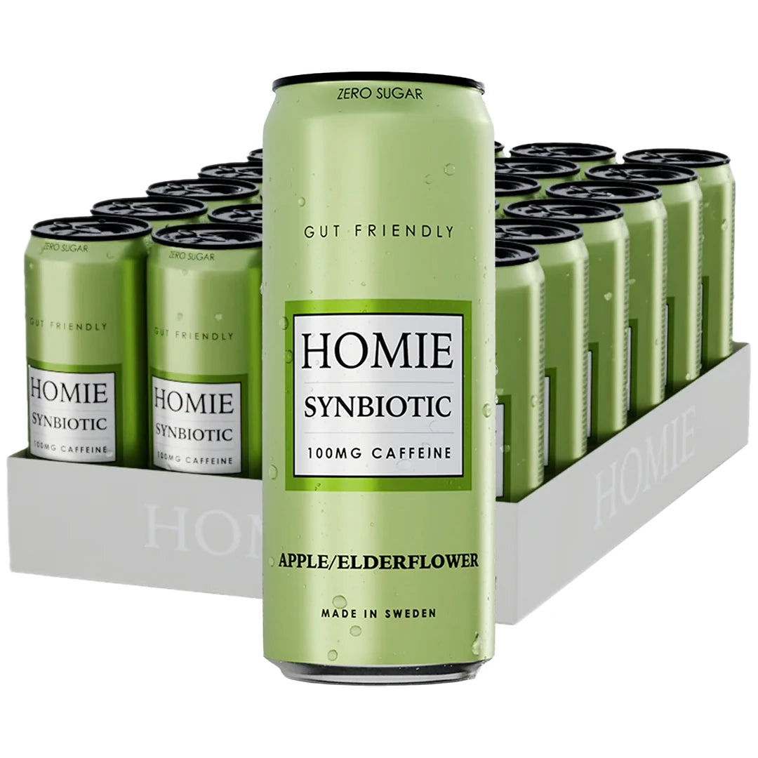24 x Homie Wake Up Synbiotic 330 ml Apple Elderflower i ett grått flak med ljusgröna burkar.