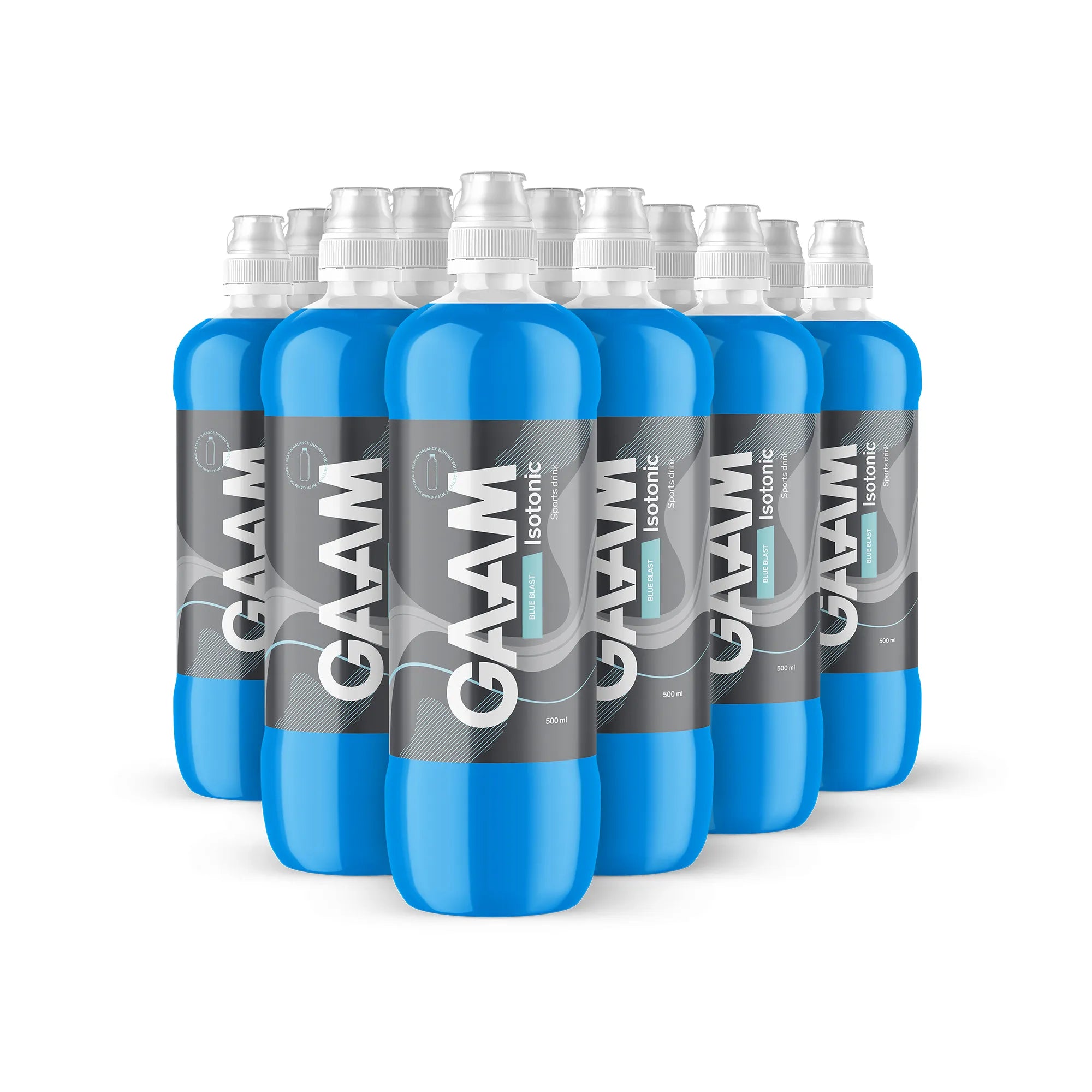 12 x GAAM Isotonic 500 ml i transparenta plastflaskor fyllda med blå sportdryck för smaken Blue Blast., bild 1 av 1