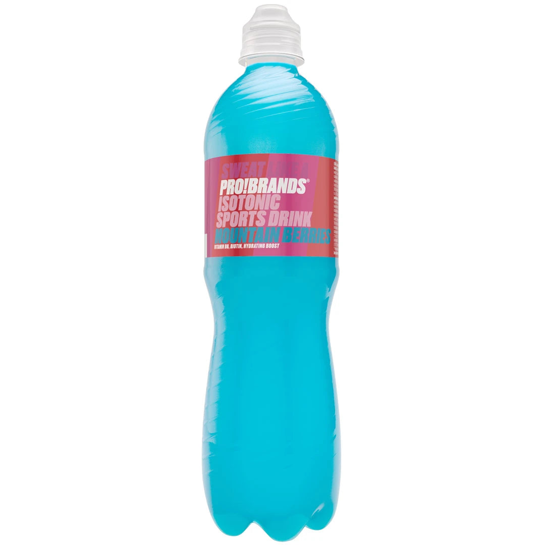 Pro Brands ISOtonic Sports Drink 500 ml i plastflaska fylld med klarblå dryck, vit sportkork och rosa etikett.