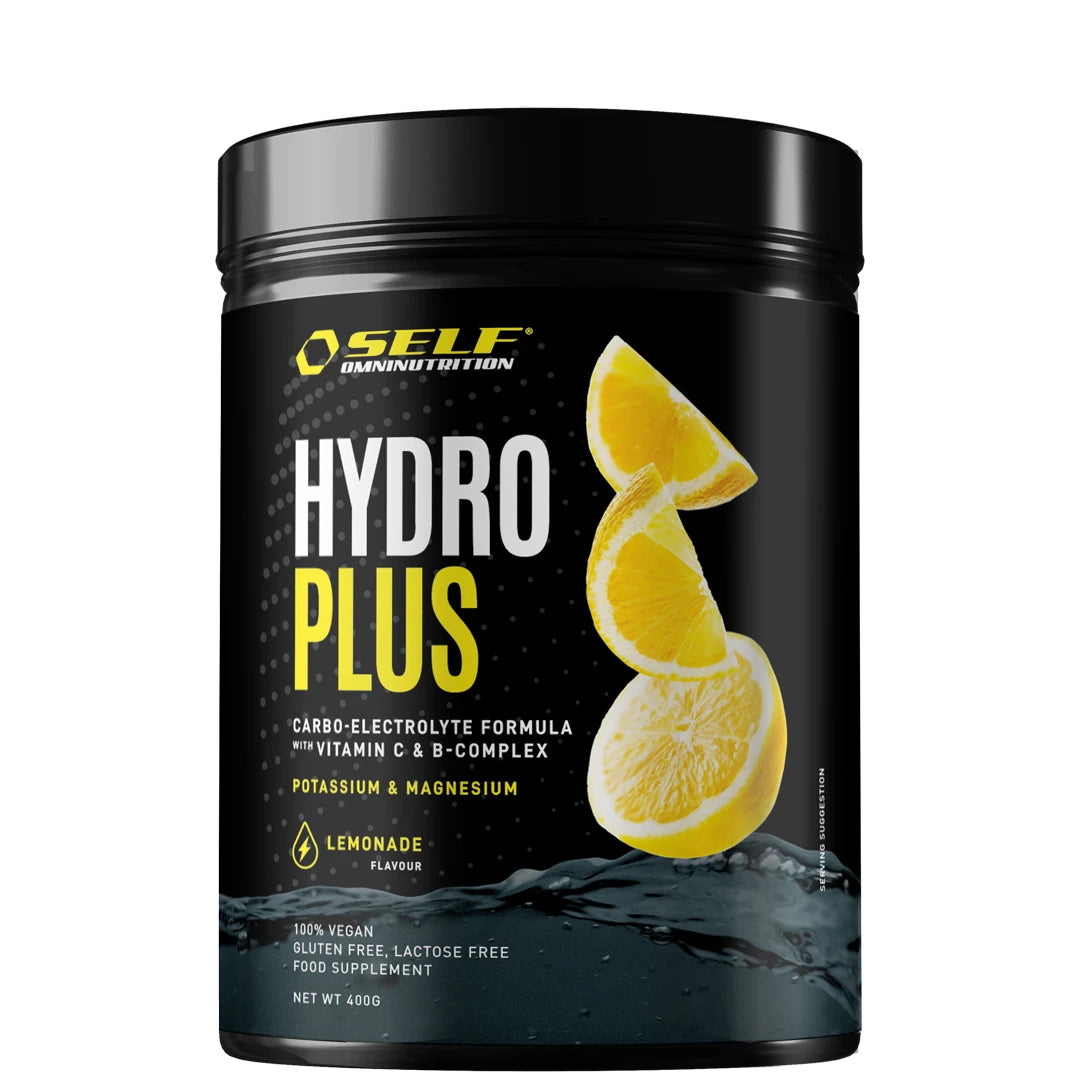 Self Omninutrition Hydro Plus 400 g i svart burk med Lemonade-smak, illustrerad med skivade citroner och stänkande vatten.