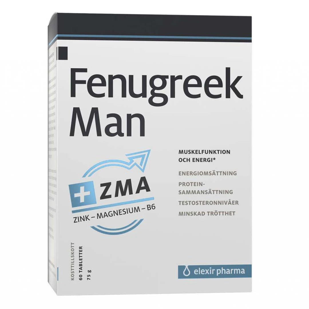 Elexir Pharma Fenugreek Man + ZMA 60 tabs i en vit kartong med blå och svarta detaljer för ökat välmående och testosteronnivåer.