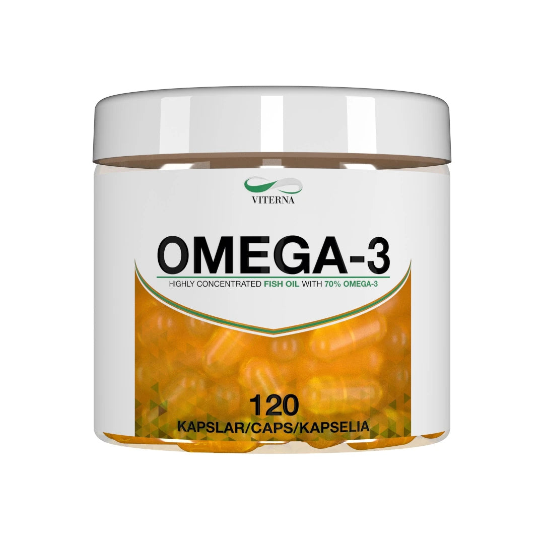 Viterna Omega-3 120 caps i en transparent burk med vit etikett och orangefärgade kapslar synliga genom burken.