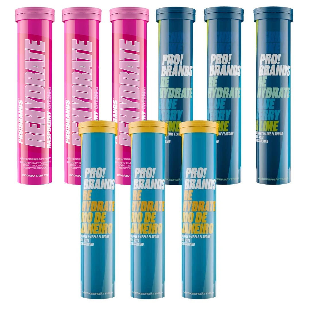 9 x Pro Brands Rehydrate 20 Tabs vätskeersättning i nio rör i rosa, mörkblå och ljusblå design för olika smaker., bild 1 av 1