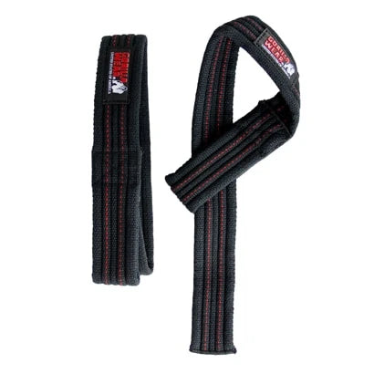 Gorilla Wear Hardcore Lifting Straps, svarta dragremmar i kraftig bomull med röda sömmar för tunga lyft.