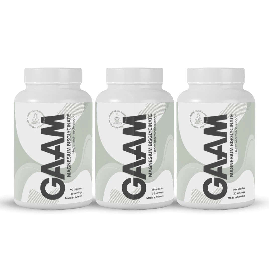 3 x GAAM Magnesium Bisglycinate 90 caps som tre vita plastburkar med ljusgröna detaljer.