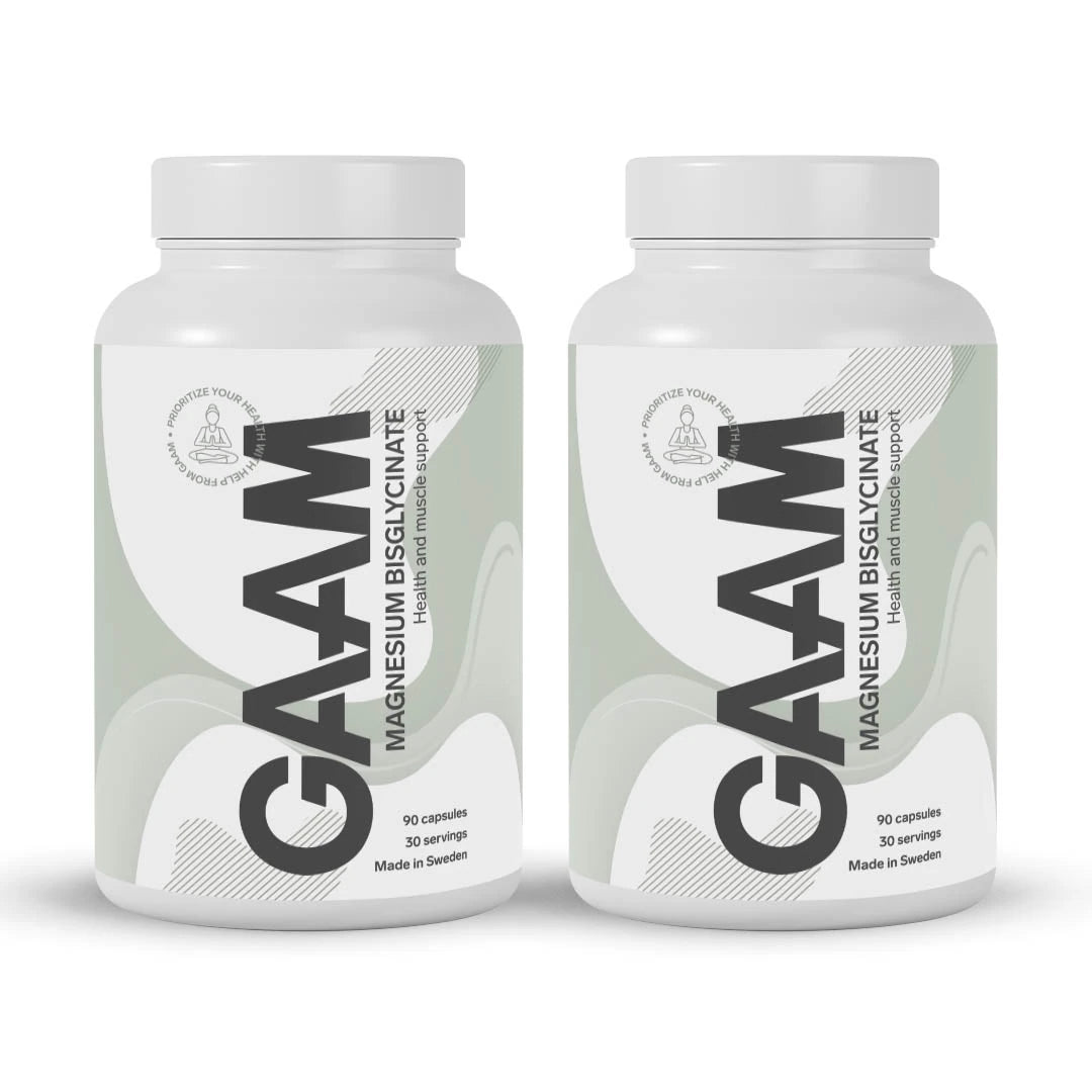 2 x GAAM Magnesium Bisglycinate 90 caps i två vita burkar med ljusgröna och grå detaljer.