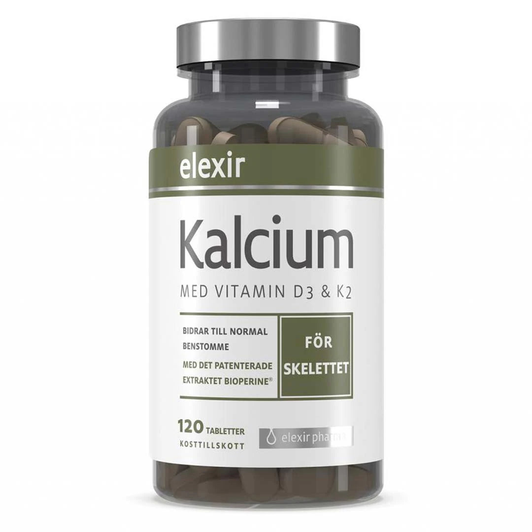 Elexir Pharma Kalcium 120 tabs kosttillskott i en mörk transparent burk med silverlock och grönvit etikett.