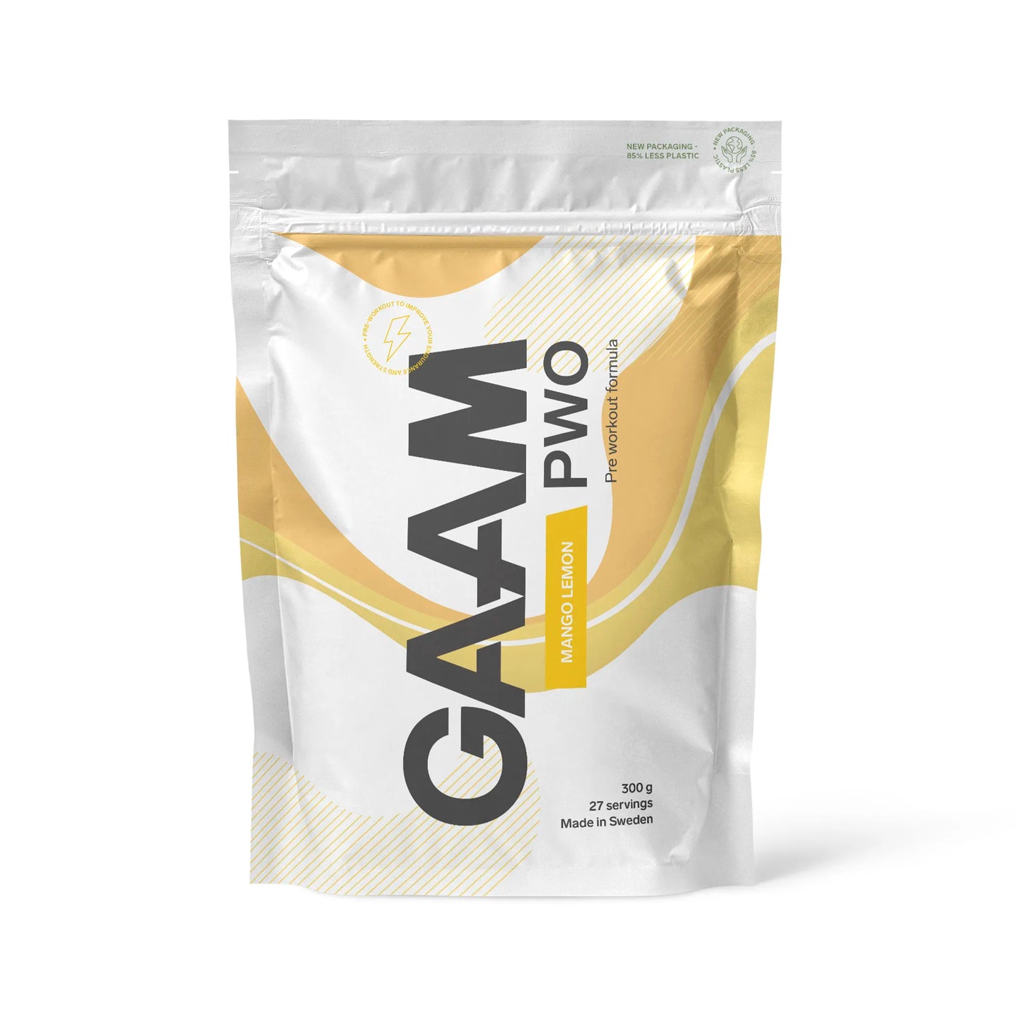 GAAM PWO 300 g pre-workout pulver, vit påse med gula detaljer och text för smaken Mango Lemon.