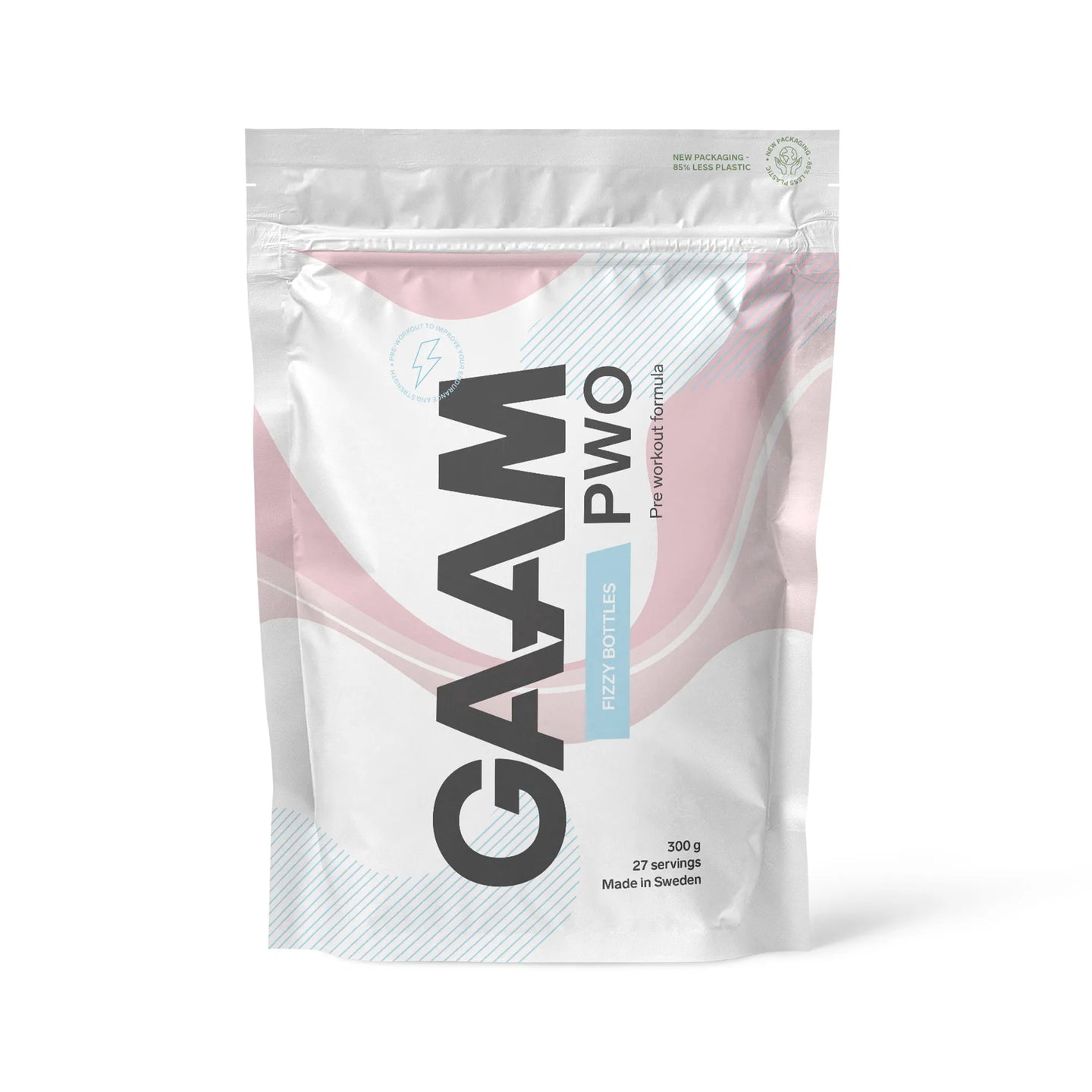 GAAM PWO 300 g pre-workout pulver, förpackad i en vit påse med rosa och blå detaljer samt smaken Fizzy Bottles.