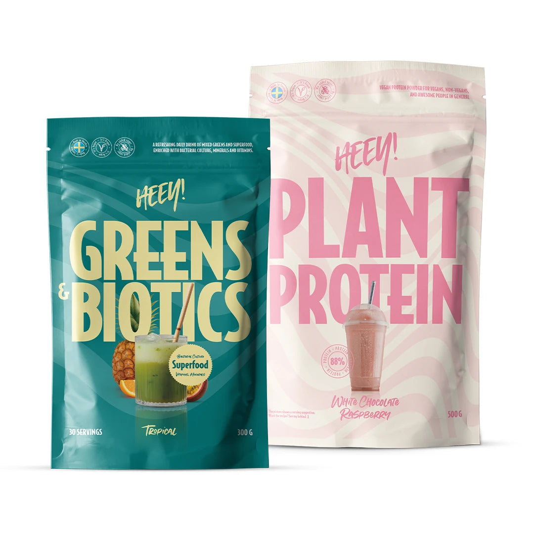 Heey! Wellness paket med en turkos påse Greens &amp; Biotics och en rosa påse Plant Protein., bild 1 av 1