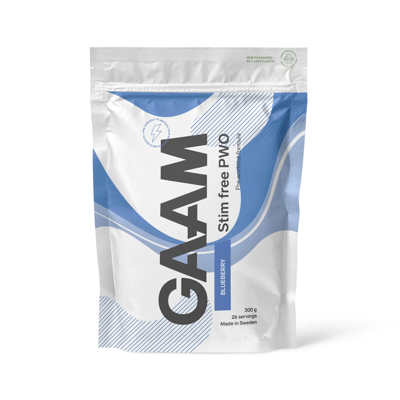 GAAM Stim free PWO 300 g i en vit påse med blå detaljer för smaken Blueberry.