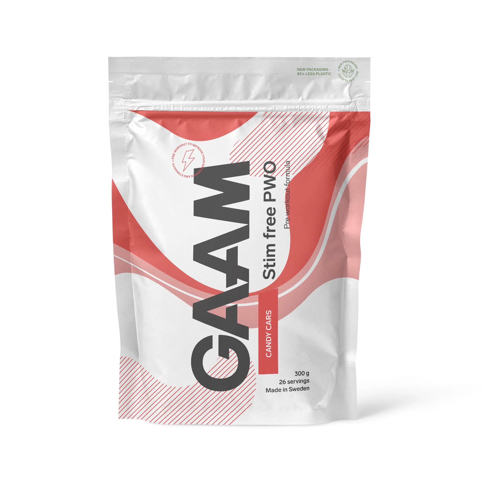 GAAM Stim free PWO 300 g i en vit påse med rosa och röda detaljer för smaken Candy Cars.