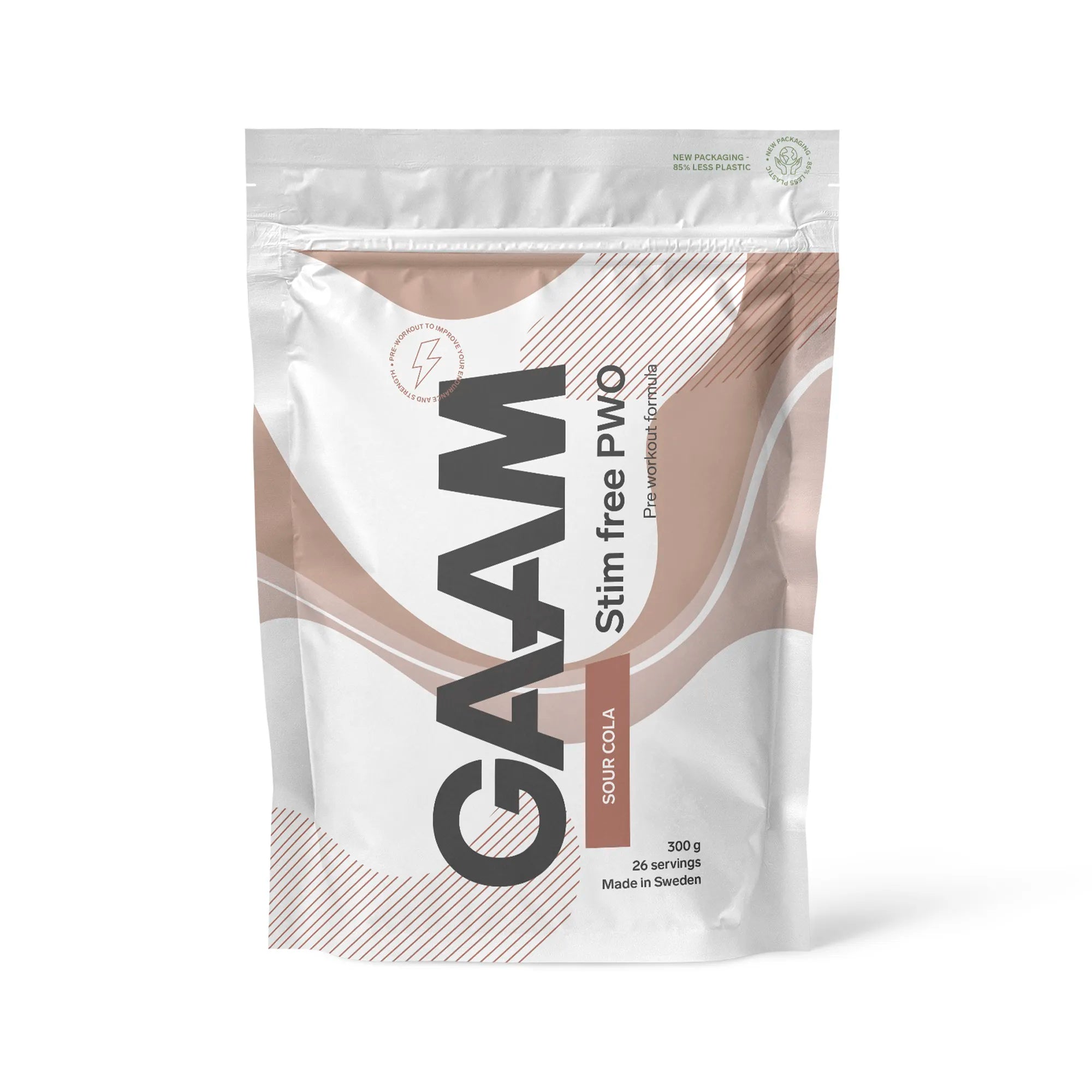 GAAM Stim free PWO 300 g i vit påse med bruna detaljer för smaken Sour Cola.