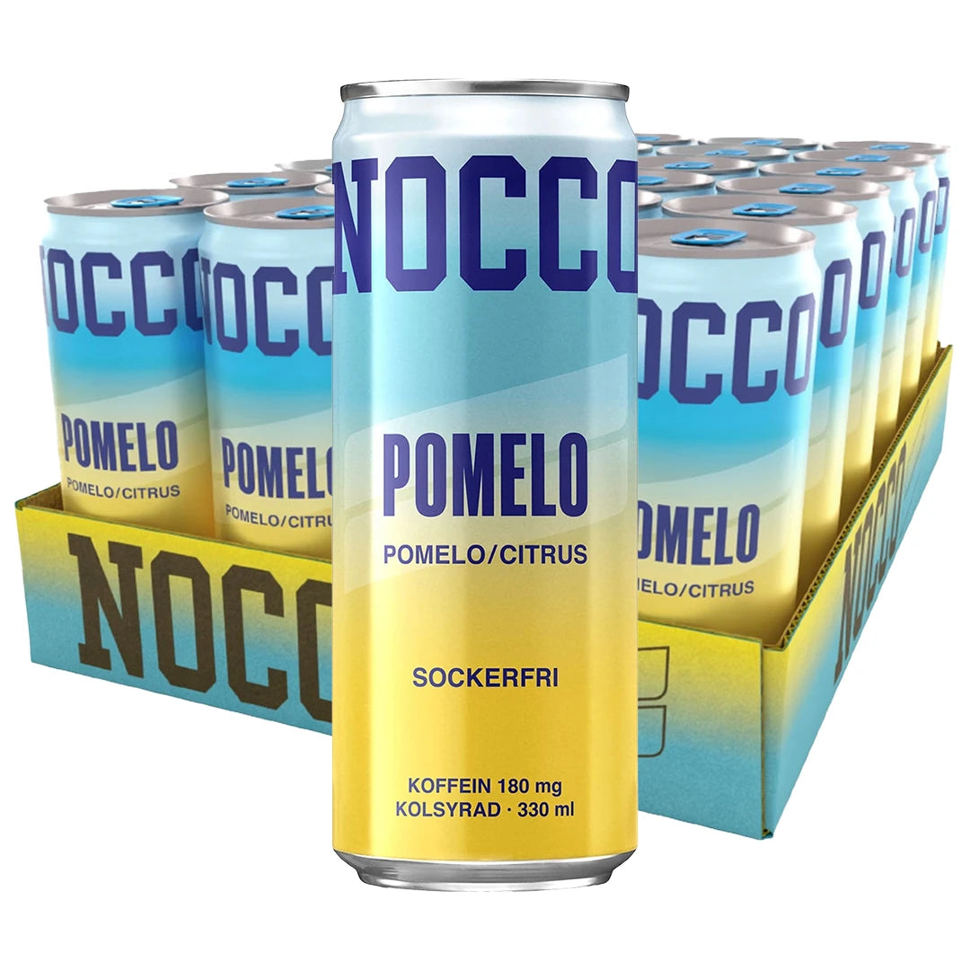 24 x NOCCO BCAA 330 ml Pomelo Citrus i ett ljusblått och gult flak med matchande burkar energidryck.