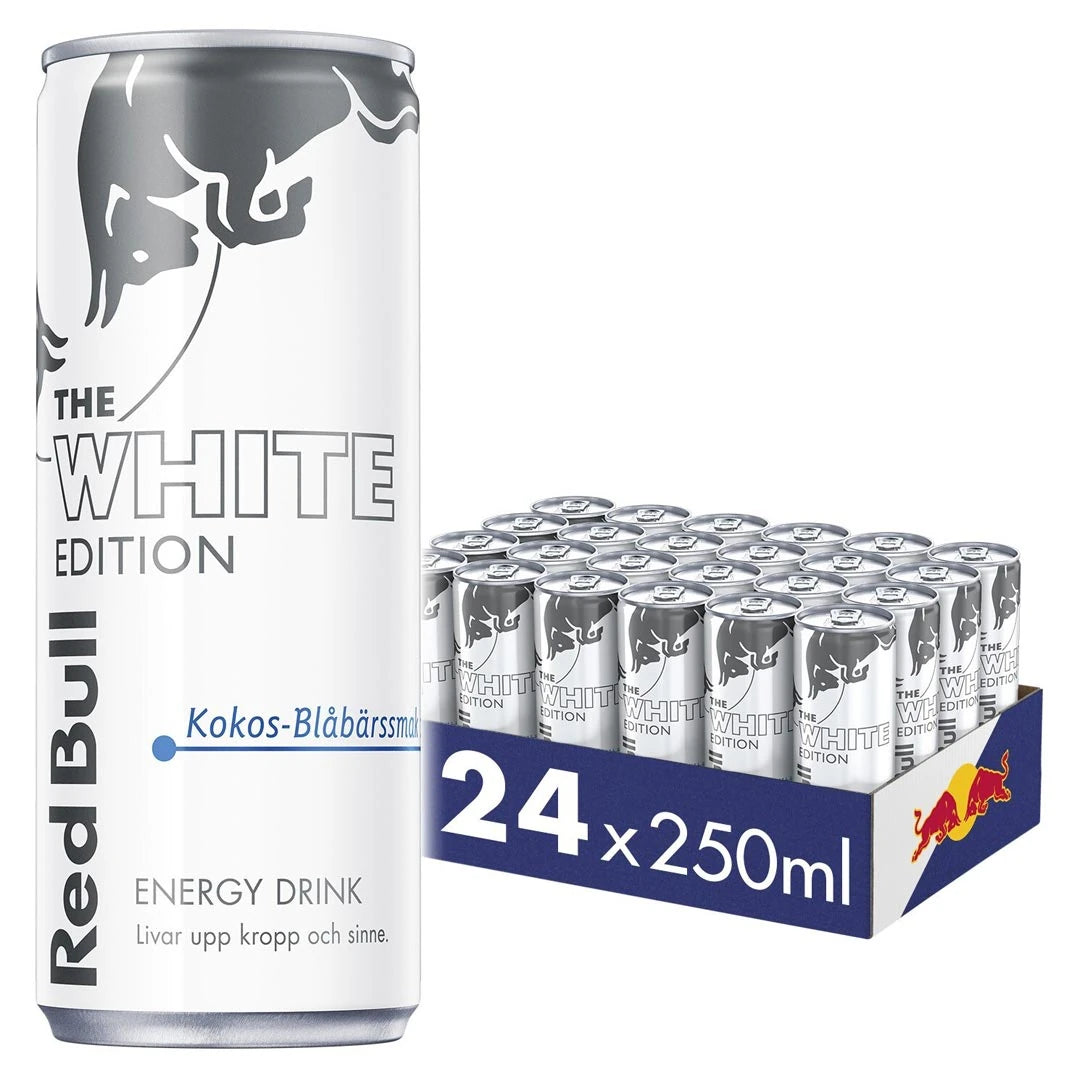 24 x Red Bull Energidryck 250 ml White Edition - Kokos Blåbär i ett blått flak med vita burkar med silvriga detaljer.