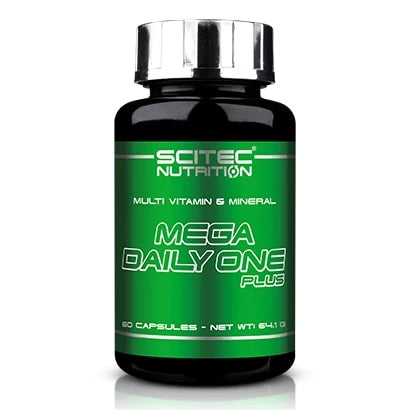 Scitec Nutrition Mega Daily One Plus 60 caps multivitamin i en svart burk med grön etikett och silverfärgat lock.