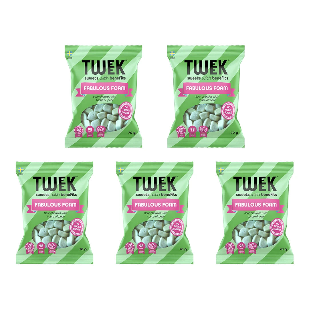 5 x Tweek Sweets 70 g Fabulous Foam i fem ljusgröna påsar med rosa detaljer för skumgodis.