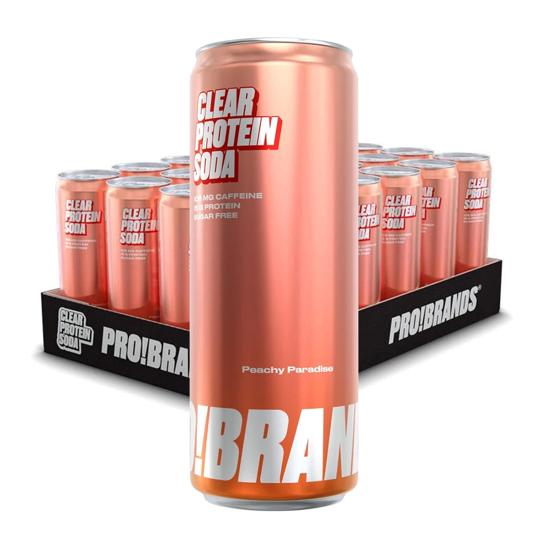24 x Pro Brands Clear Protein Soda 330 ml i ett svart flak fyllt med persikofärgade burkar i smaken Peachy Paradise., bild 1 av 1