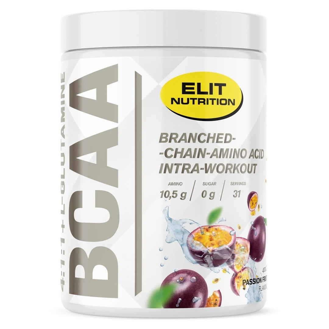 Elit Nutrition BCAA 4:1:1 + L-glutamine 400 g aminosyrapulver i en vit burk med gula detaljer och passionsfrukt för smaken Passion Fruit.