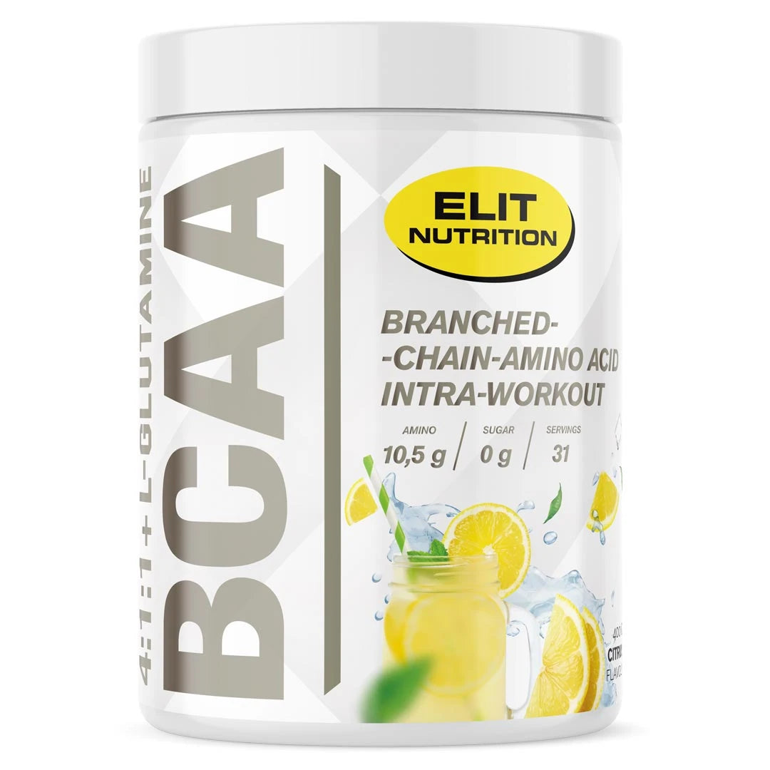 Elit Nutrition BCAA 4:1:1 + L-glutamine 400 g aminosyrapulver i en vit burk med gula citrondetaljer för smaken Citrus., bild 4 av 4