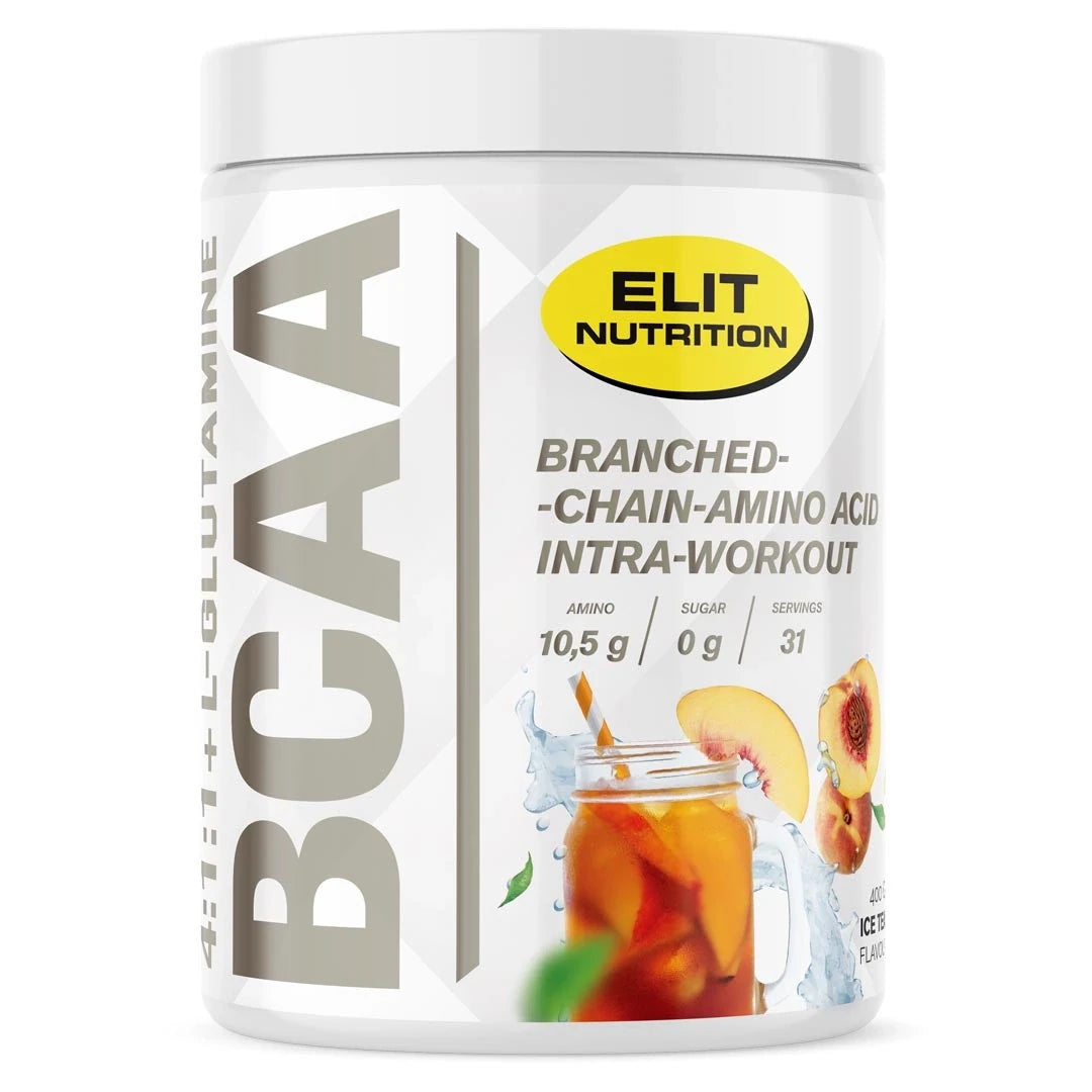 Elit Nutrition BCAA 4:1:1 + L-glutamine 400 g aminosyrapulver i en vit burk med illustration av iste och persika för smaken Ice Tea.